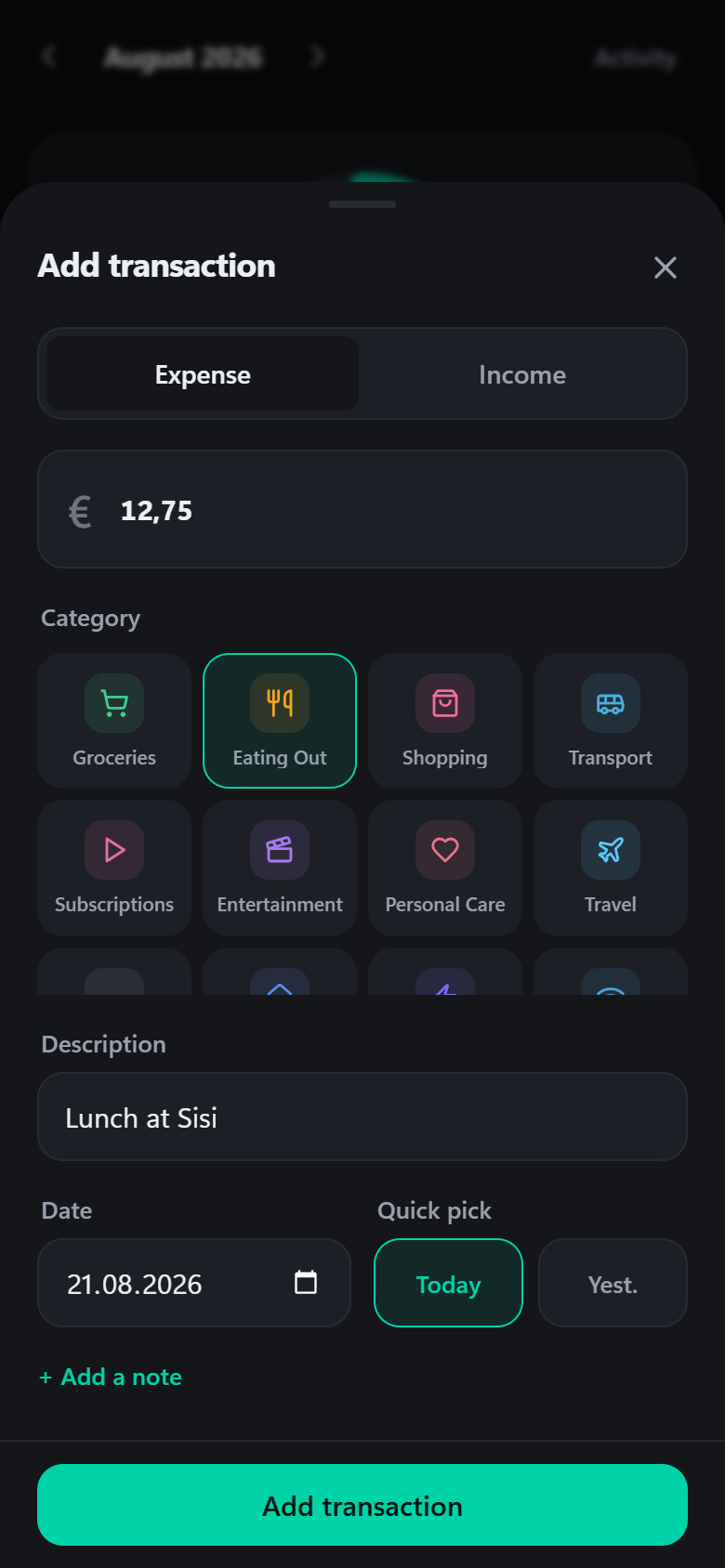 Quick add sheet with amount, category grid and description