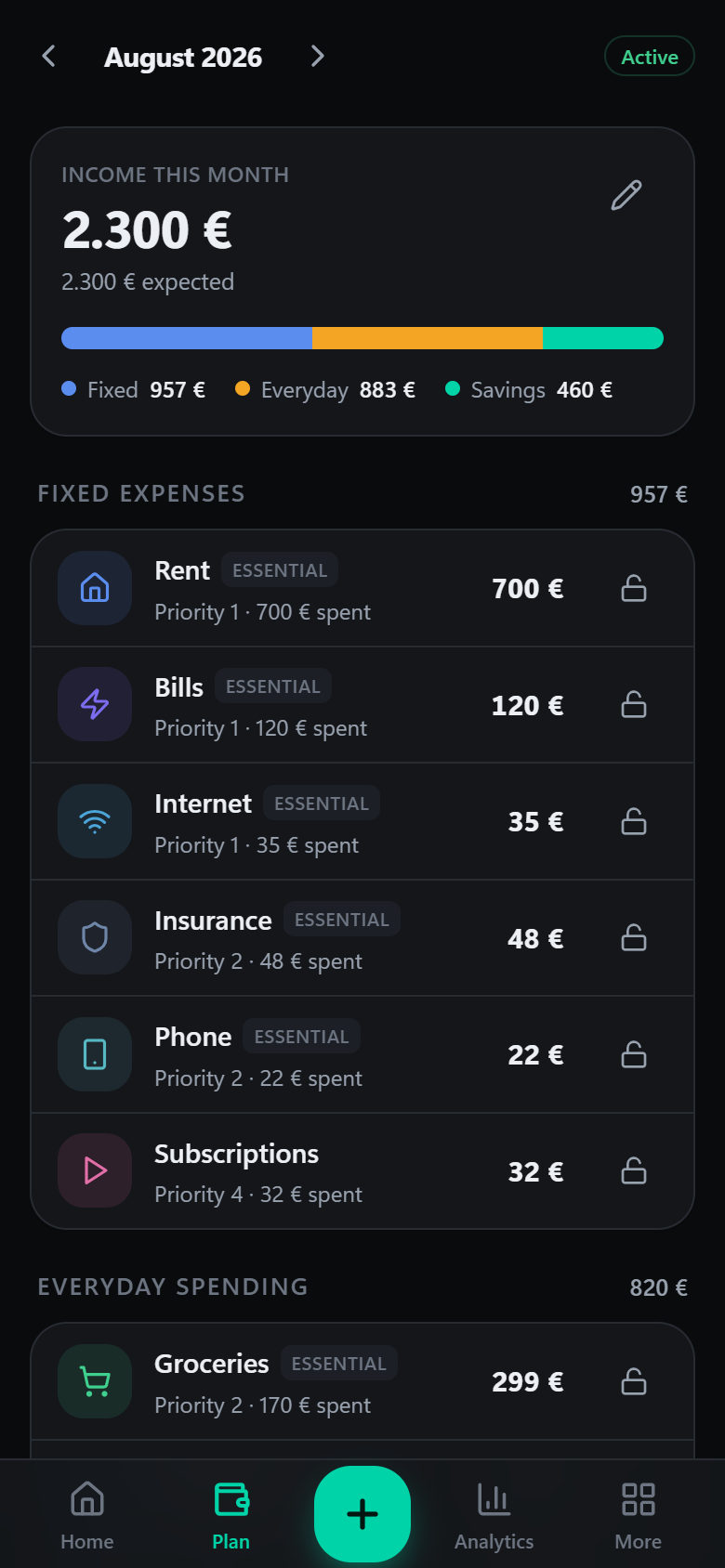 The monthly plan screen showing income split across fixed expense categories